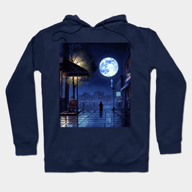 32-bit pixel art Blue Moon Cafe on Rainy Night Hoodie by Saypan Arts